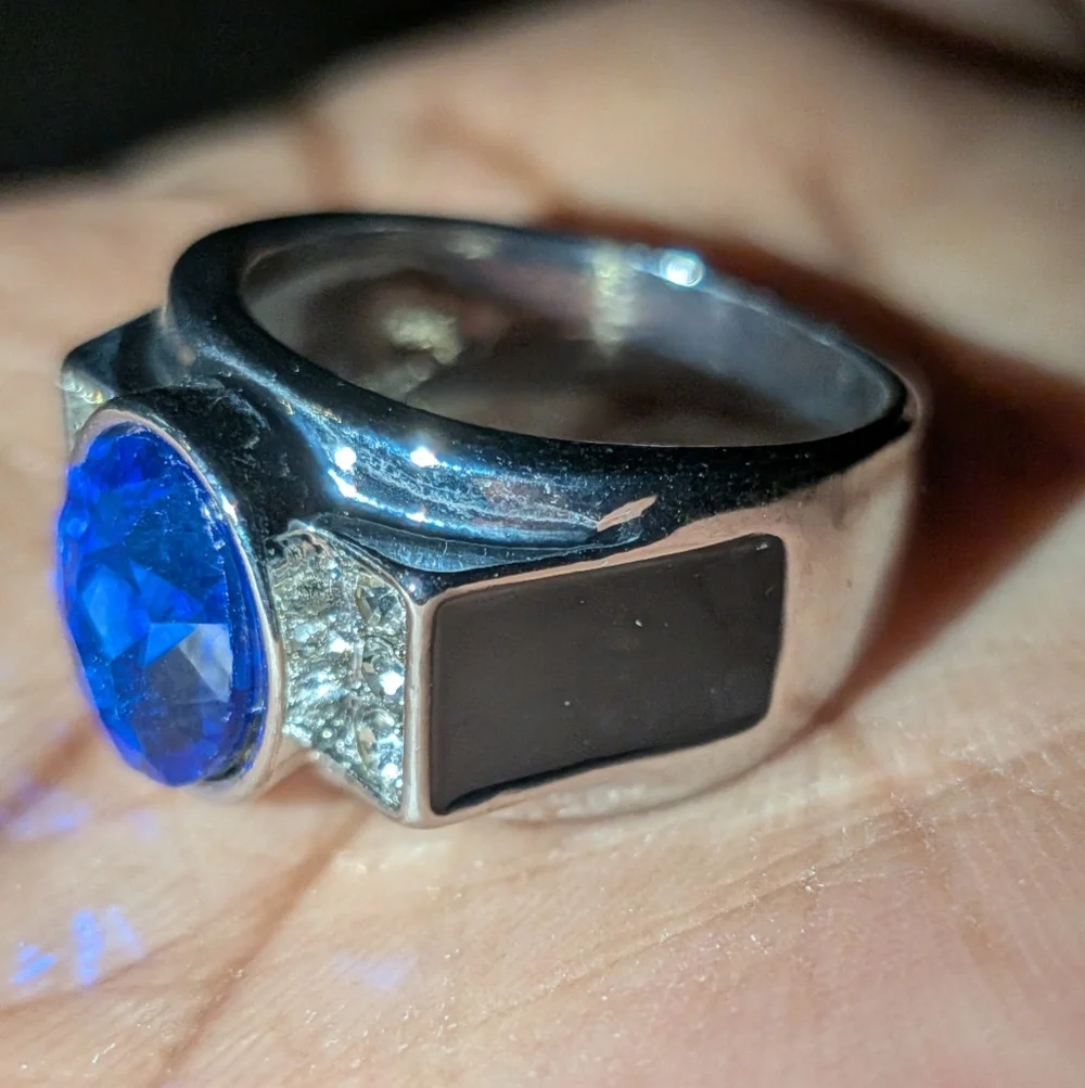 Elegant Silvery and Blue Men's Gemstone Ring Sz 8